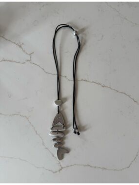 Women’s Silver Fishbone Pendant Necklace - Black Cord